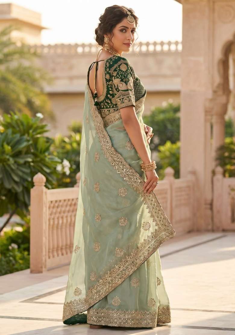 Pista Embroidered Silk Saree Set - Indya
