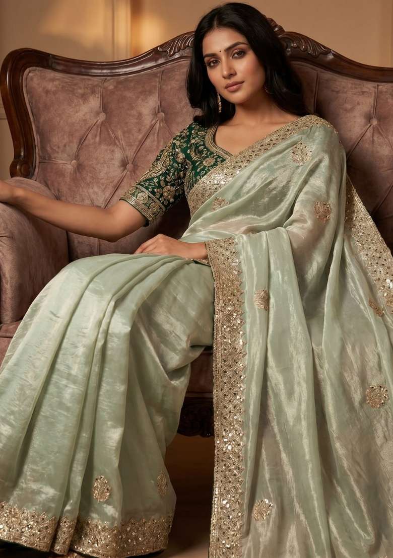 Pista Embroidered Silk Saree Set - Indya