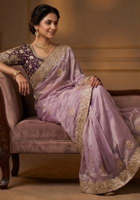 Purple Embroidered Silk Saree Set