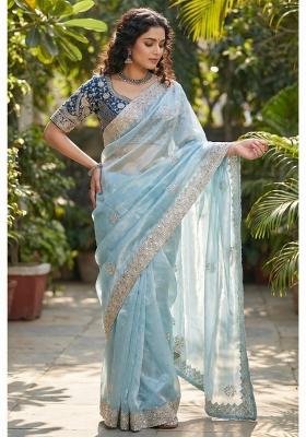 Sky Blue Embroidered Silk Saree Set