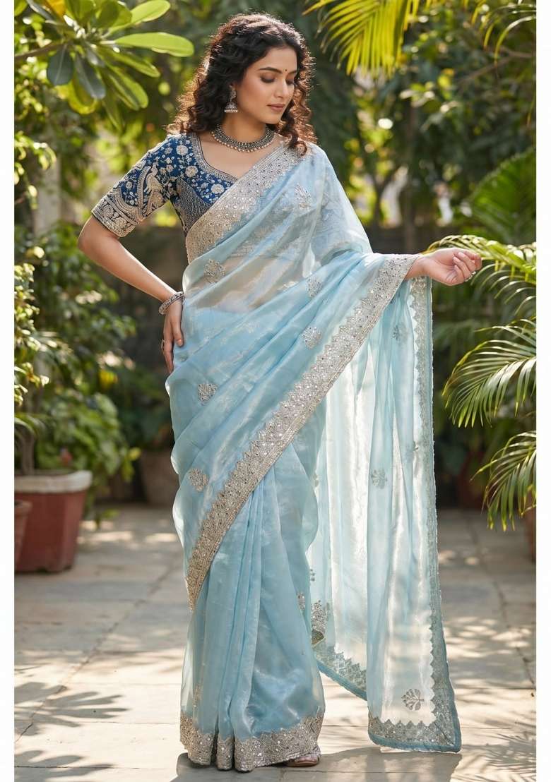 Sky Blue Embroidered Silk Saree Set - Indya