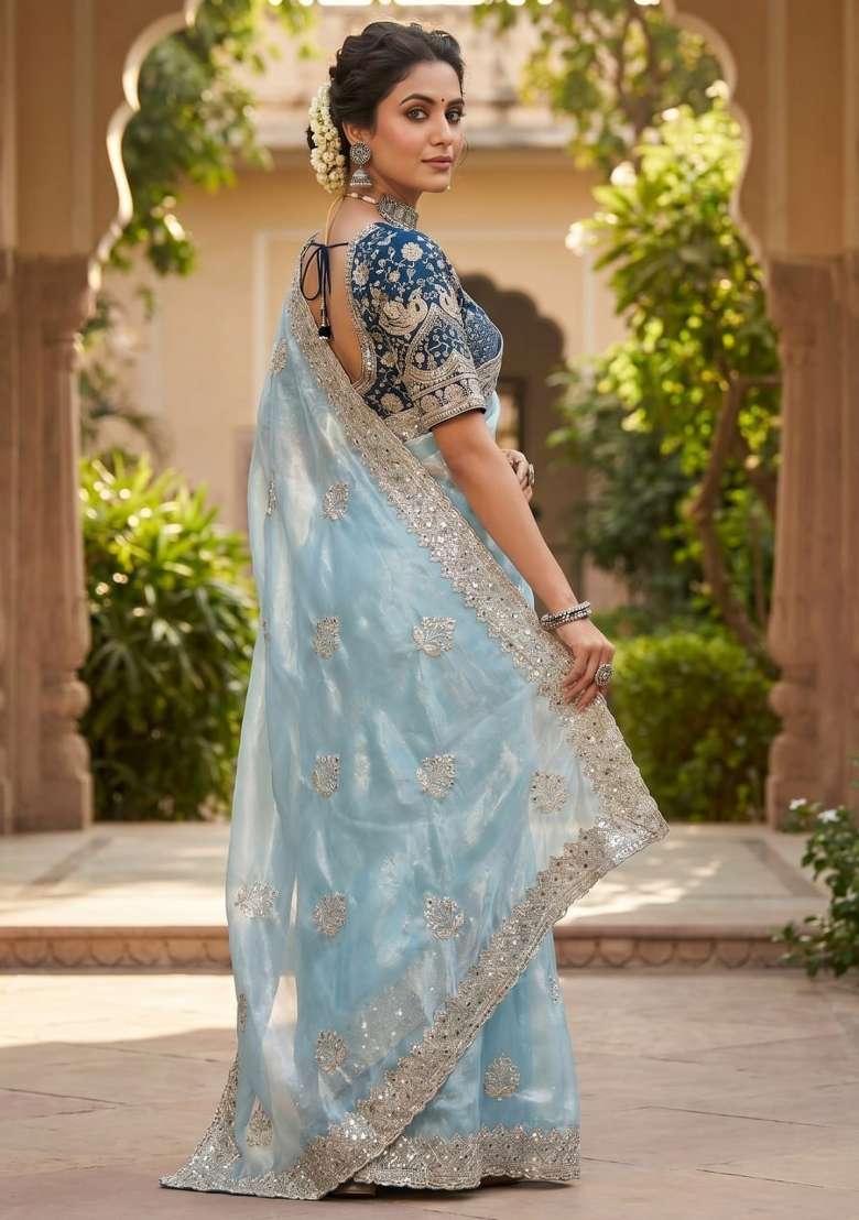 Sky Blue Embroidered Silk Saree Set - Indya