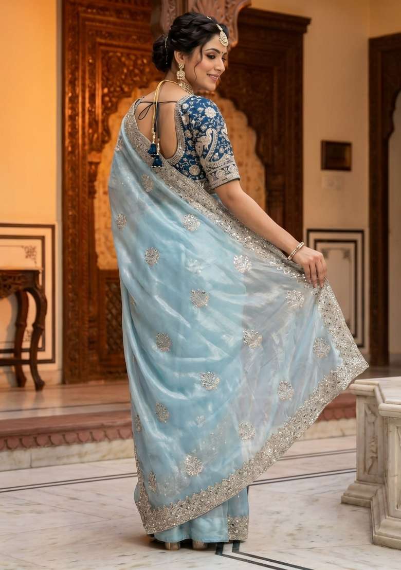 Sky Blue Embroidered Silk Saree Set - Indya