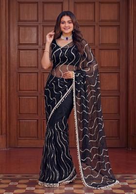 Black Embroidered Net Saree Set