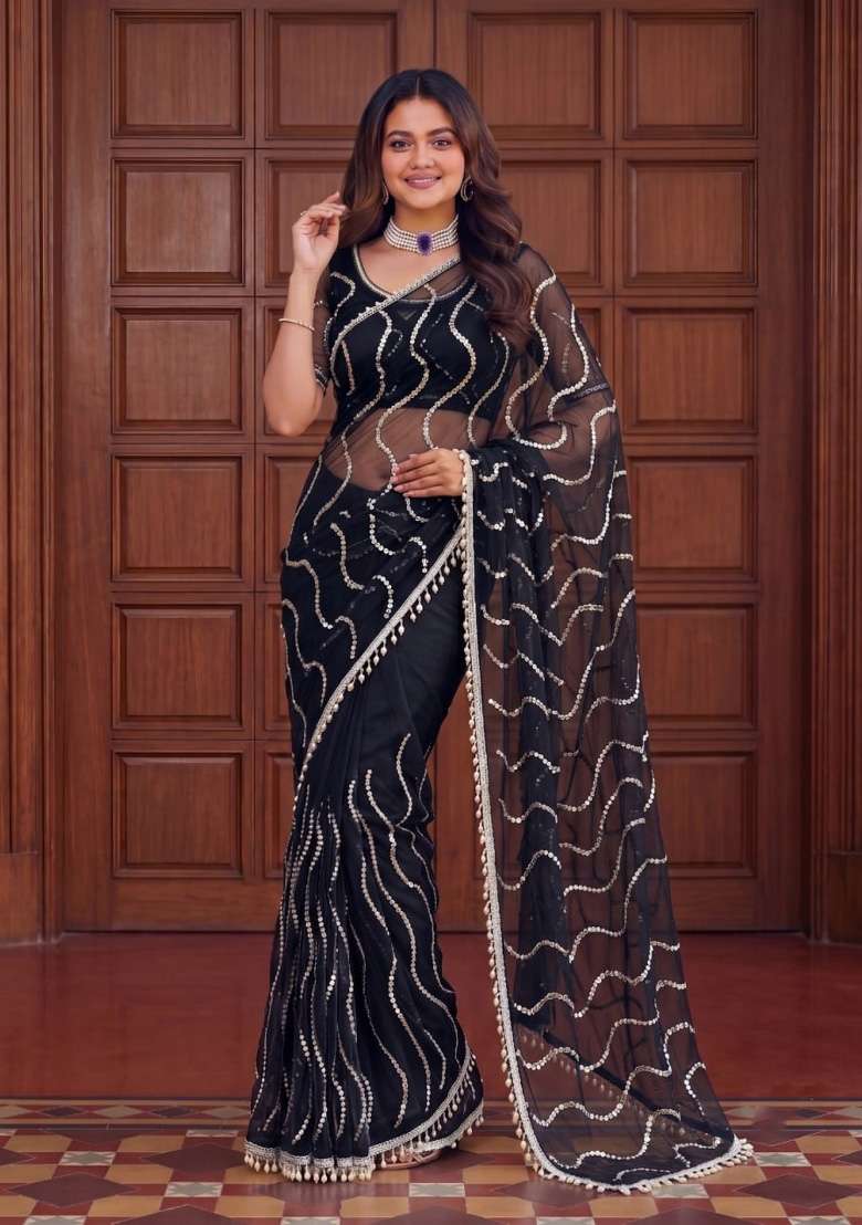 Black Embroidered Net Saree Set - Indya