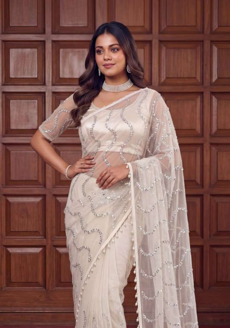 White Embroidered Net Saree Set - Indya