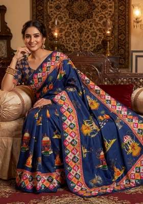 Blue Embroidered Chinon Saree Set
