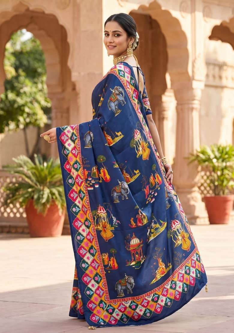 Blue Embroidered Chinon Saree Set - Indya