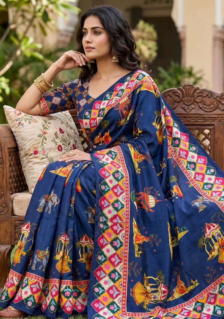 Blue Embroidered Chinon Saree Set - Indya