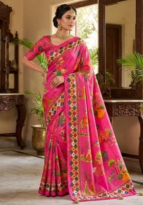 Rani Pink Embroidered Chinon Saree Set