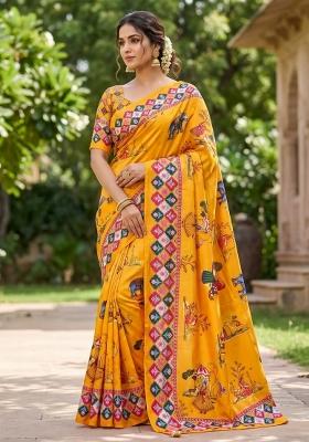Yellow Embroidered Chinon Saree Set