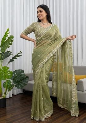 Pista Embroidered Silk Saree Set