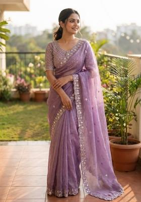 Purple Embroidered Silk Saree Set