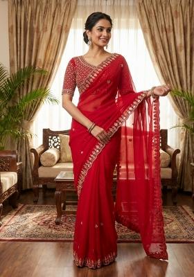 Red Embroidered Silk Saree Set