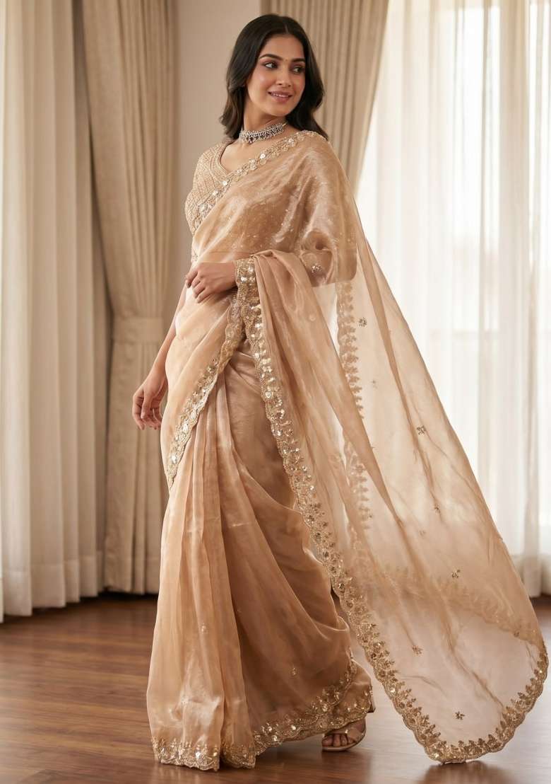 Rust Embroidered Silk Saree Set - Indya