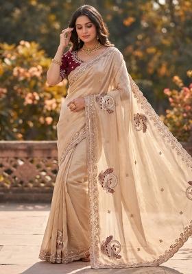 Cream Embroidered Silk Saree Set