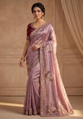 Lavender Embroidered Silk Saree Set
