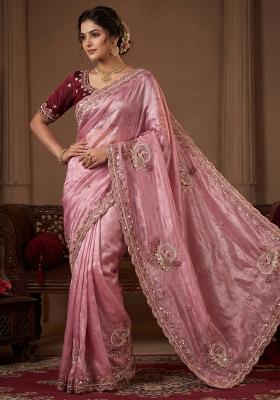 Pink Embroidered Silk Saree Set