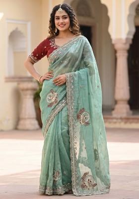 Pista Embroidered Silk Saree Set