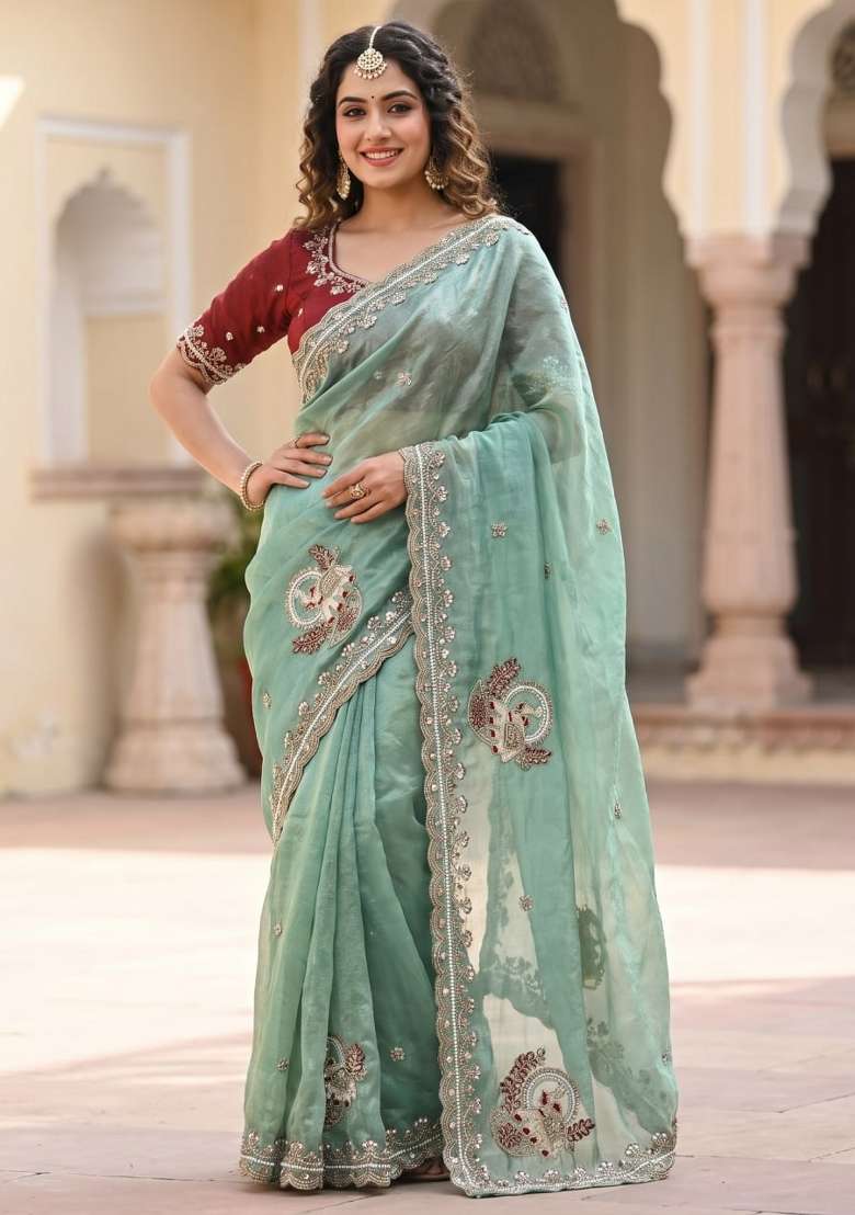 Pista Embroidered Silk Saree Set - Indya