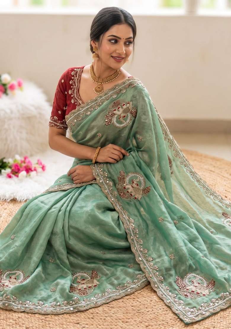 Pista Embroidered Silk Saree Set - Indya
