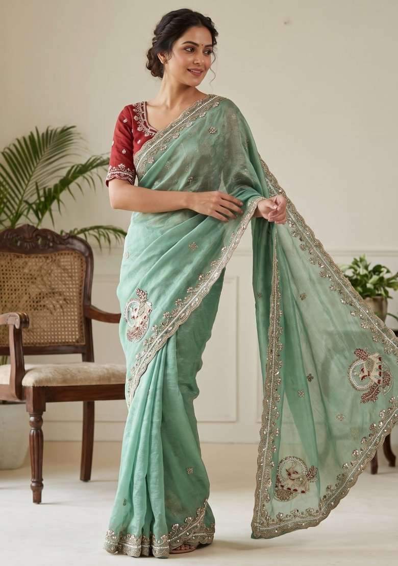 Pista Embroidered Silk Saree Set - Indya