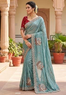 Sky Blue Embroidered Silk Saree Set