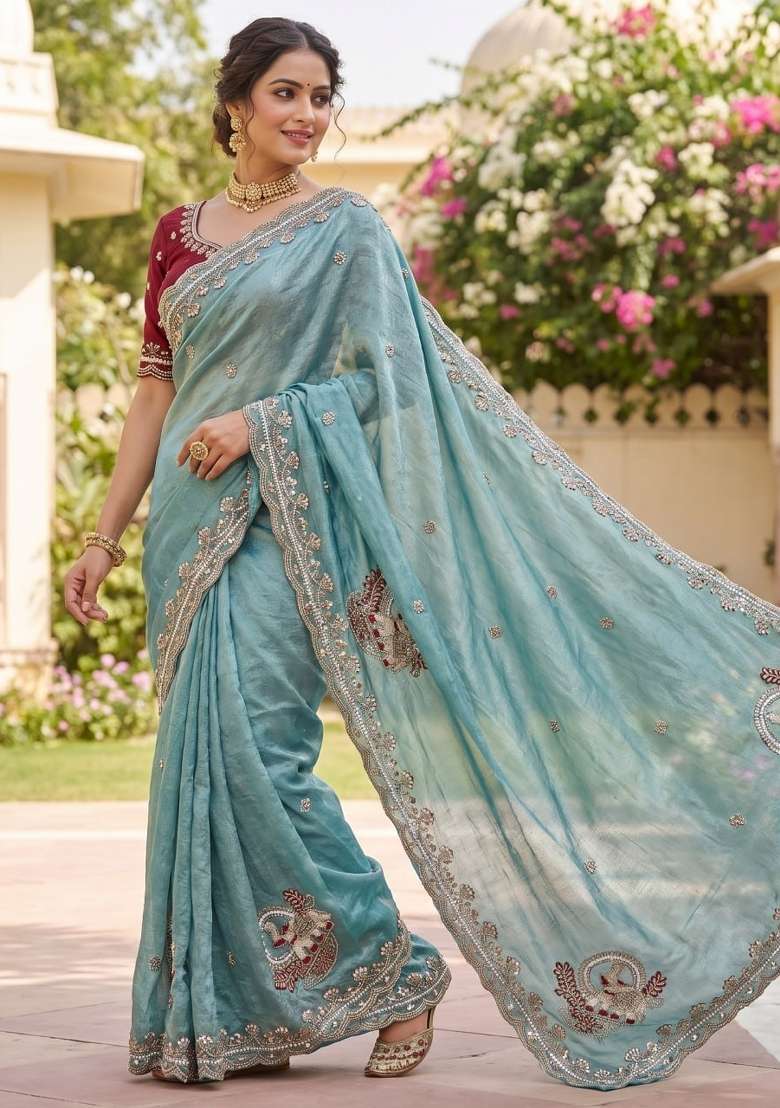 Sky Blue Embroidered Silk Saree Set - Indya