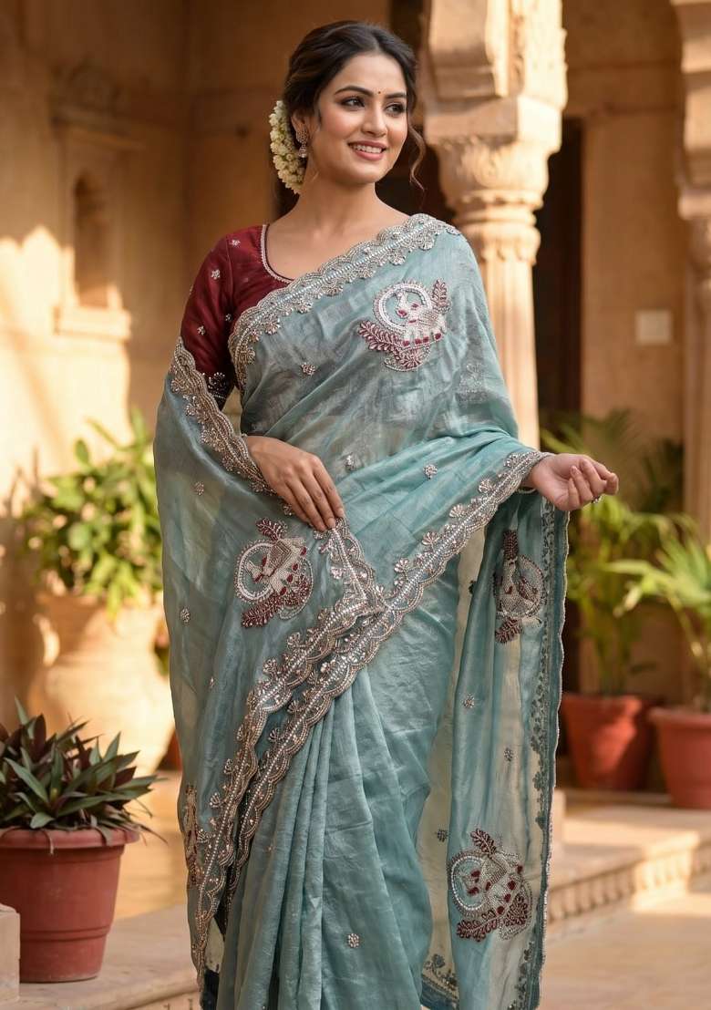 Sky Blue Embroidered Silk Saree Set - Indya