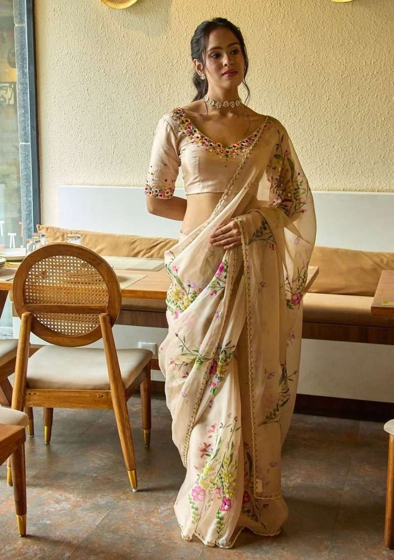 Rust Embroidered Silk Saree Set - Indya
