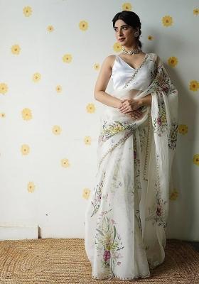 White Embroidered Silk Saree Set