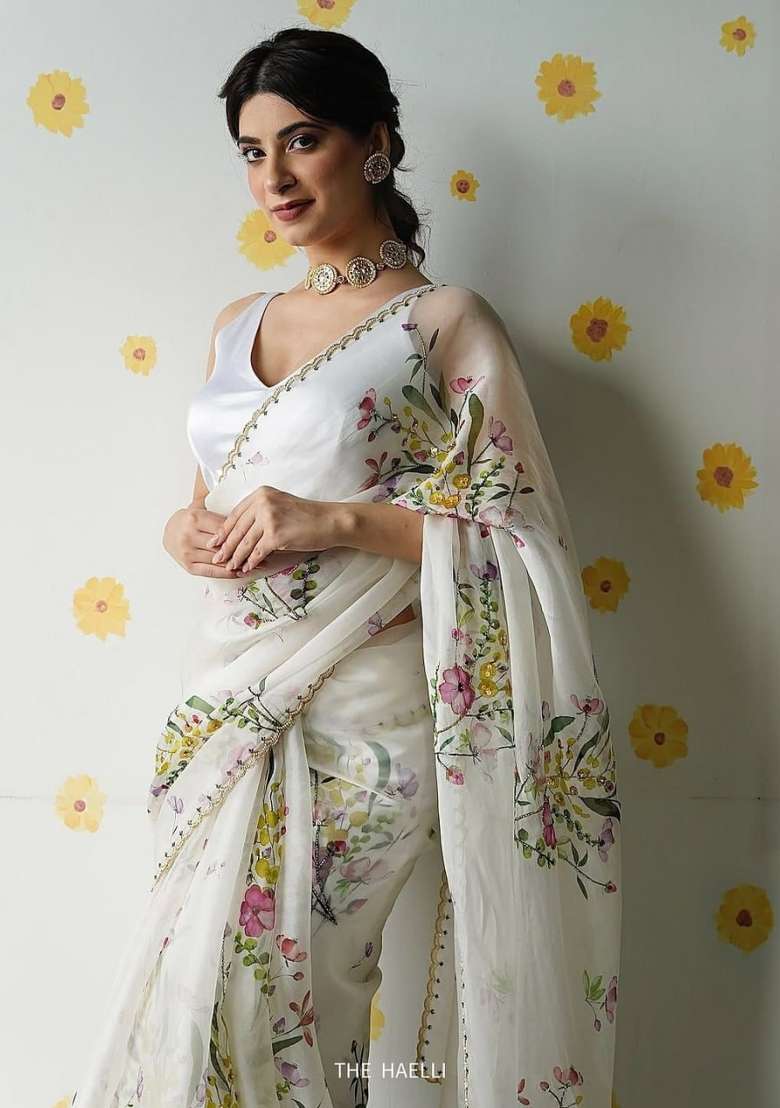 White Embroidered Silk Saree Set - Indya