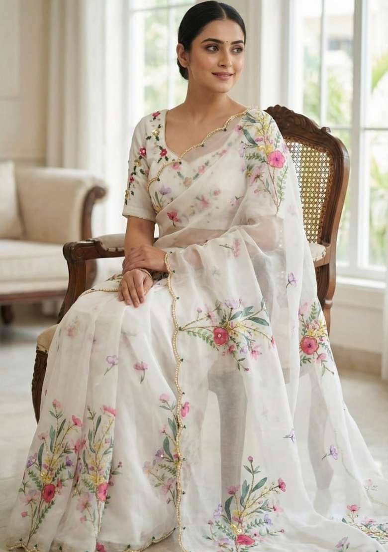 White Embroidered Silk Saree Set - Indya