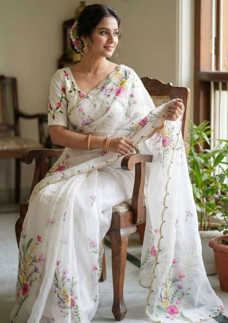 White Embroidered Silk Saree Set - Indya