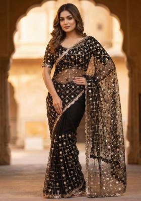 Black Embroidered Net Saree Set