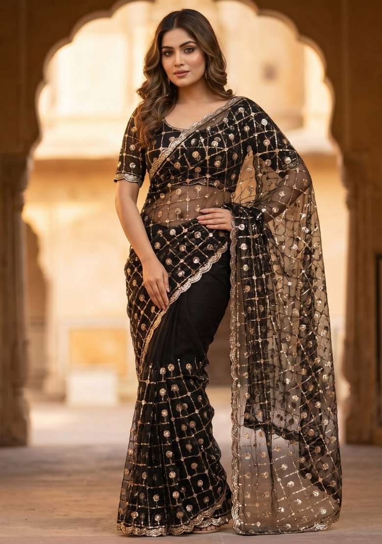 Black Embroidered Net Saree Set - Indya
