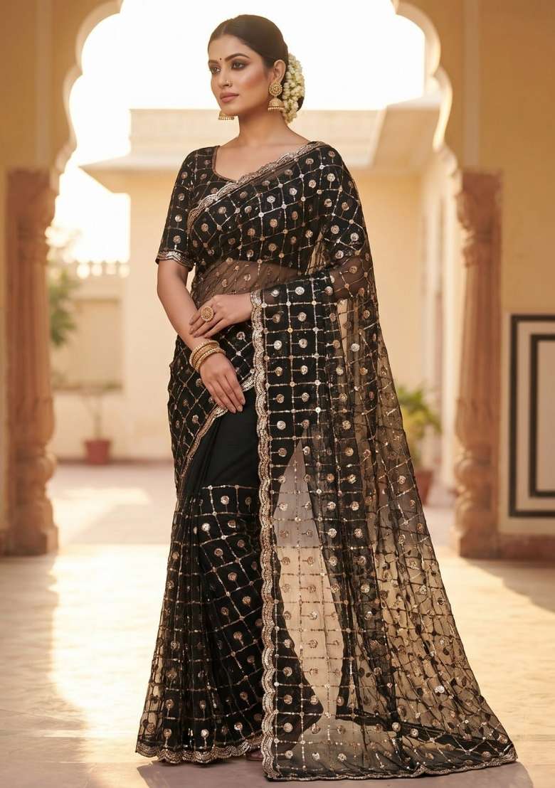Black Embroidered Net Saree Set - Indya