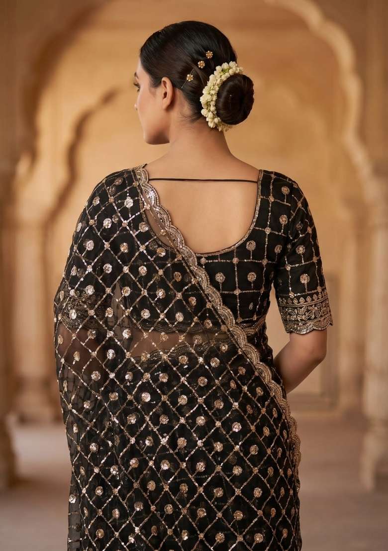 Black Embroidered Net Saree Set - Indya