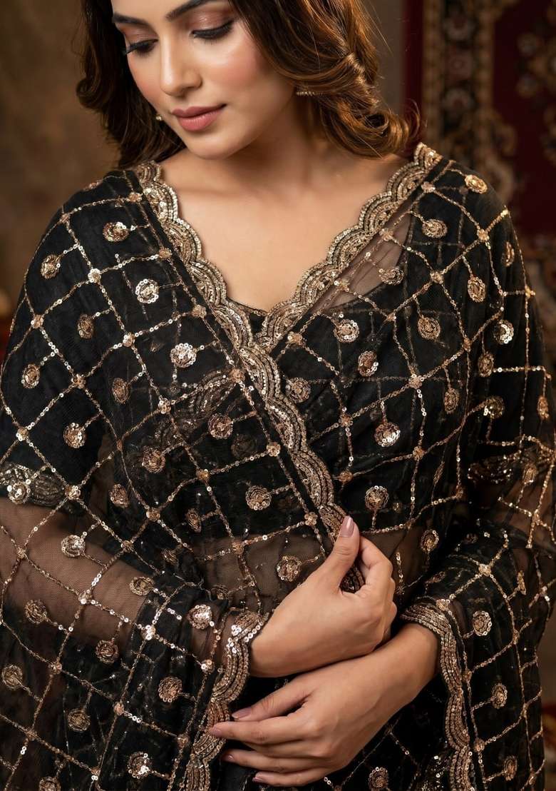 Black Embroidered Net Saree Set - Indya
