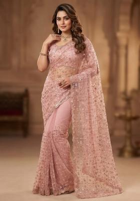 Pink Embroidered Net Saree Set