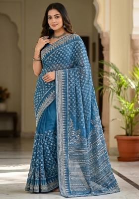 Blue Embroidered Georgette Saree Set