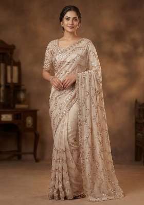Rust Embroidered Silk Saree Set