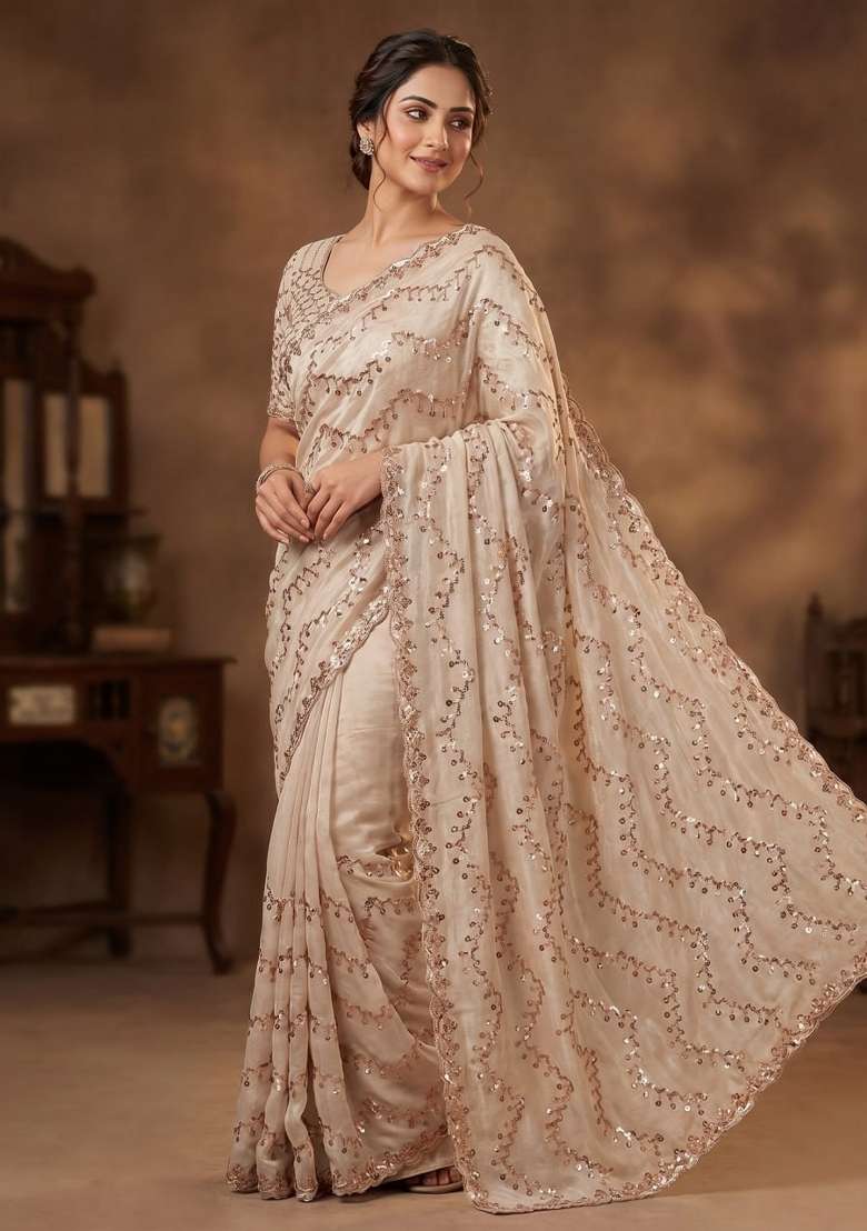 Rust Embroidered Silk Saree Set - Indya