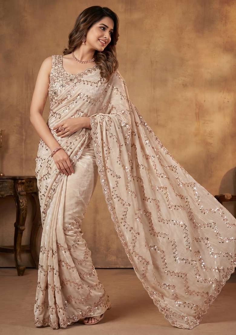Rust Embroidered Silk Saree Set - Indya