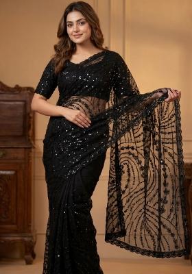 Black Embroidered Net Saree Set
