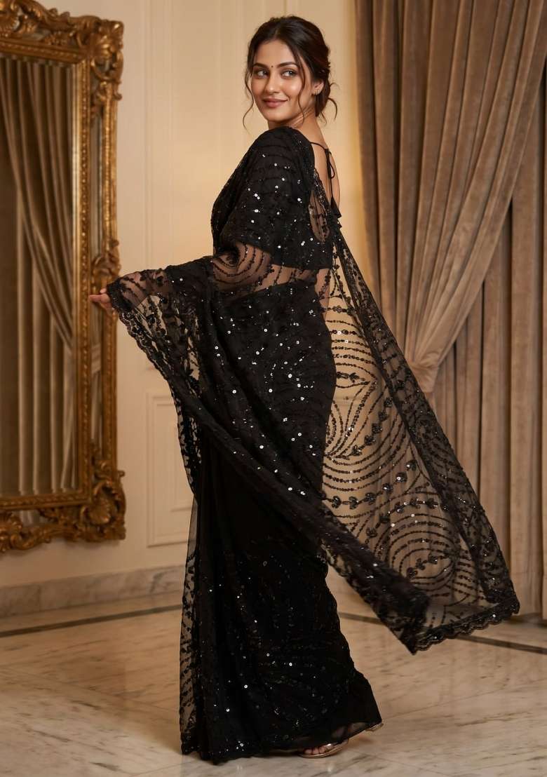 Black Embroidered Net Saree Set - Indya