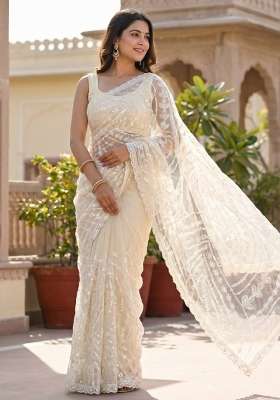 White Embroidered Net Saree Set