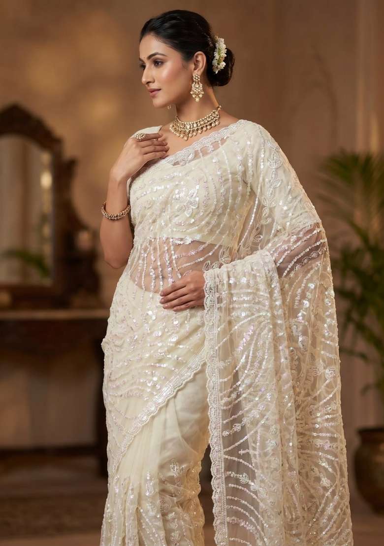 White Embroidered Net Saree Set - Indya