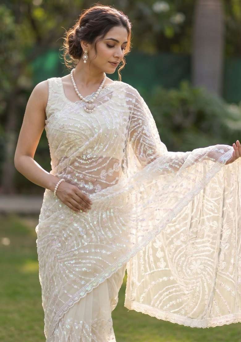 White Embroidered Net Saree Set - Indya