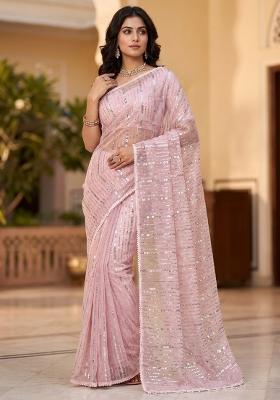Pink Embroidered Net Saree Set